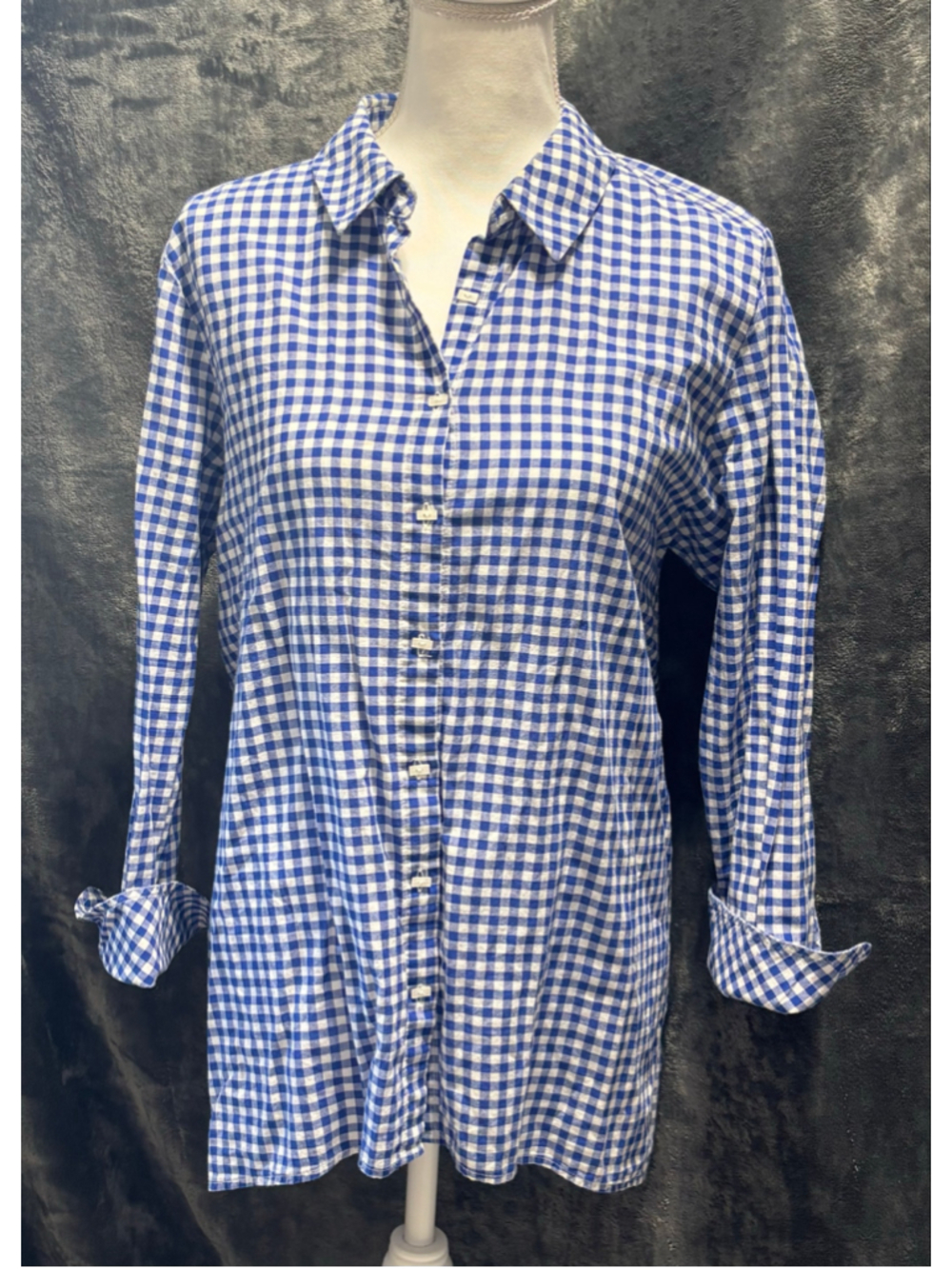Peck & Peck Gingham Blue White Cotton Button Down Shirt Large High Low Tunic EUC